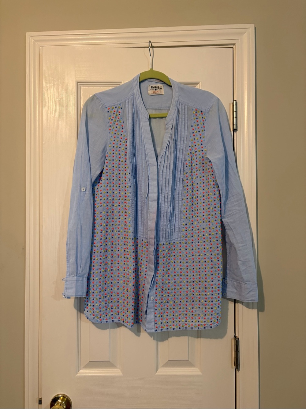 Anthropologie Holding Horses Blue Embroidered Button Down Blouse M